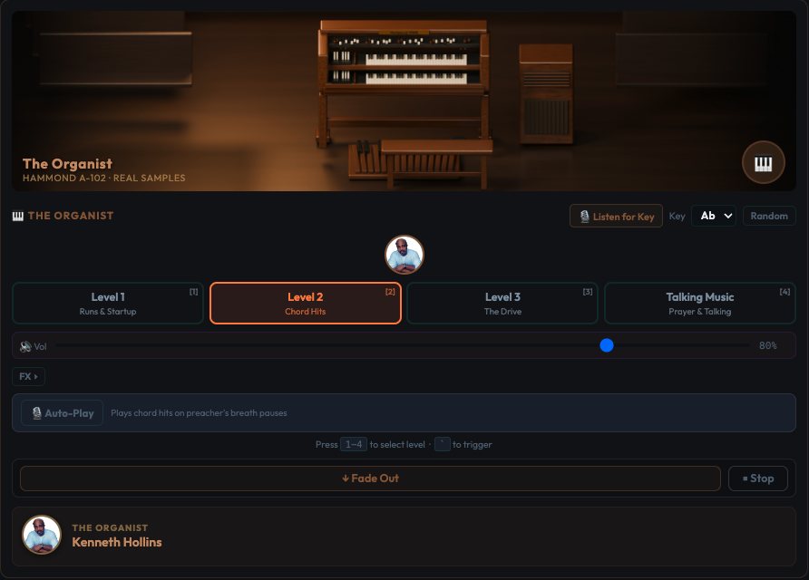 The VWB Organist with a Hammond organ, four performance levels, and Auto-Play